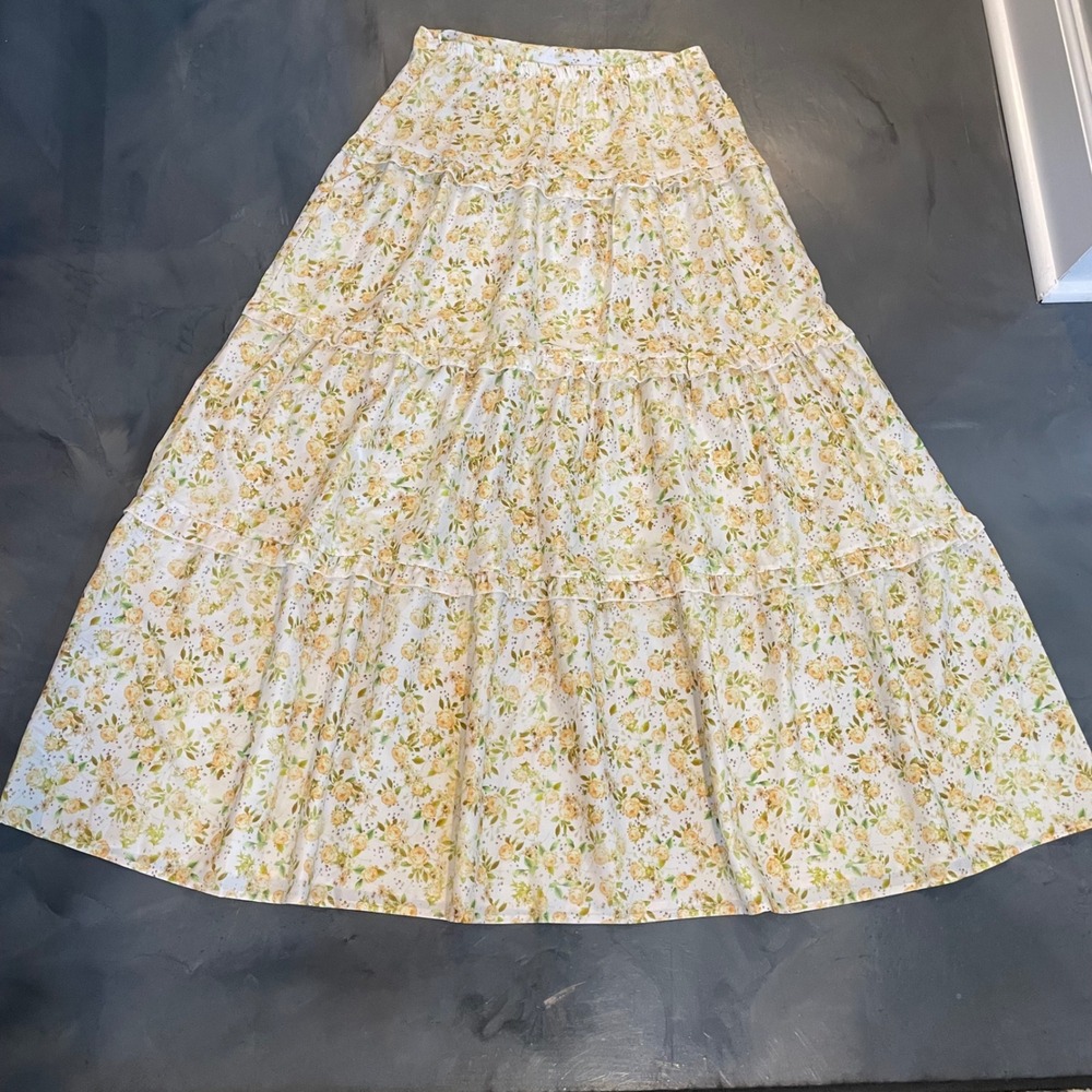 Poeselle Womens Yellow Floral Tiered Maxi‎ Skirt Cream Rose Print L Cottagecore